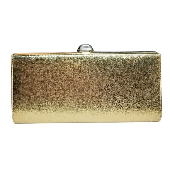 Vintage 60s Leather Gold Clutch Purse Handbag Metallic Chain Handle Envelope MCM - Picture 5 of 16